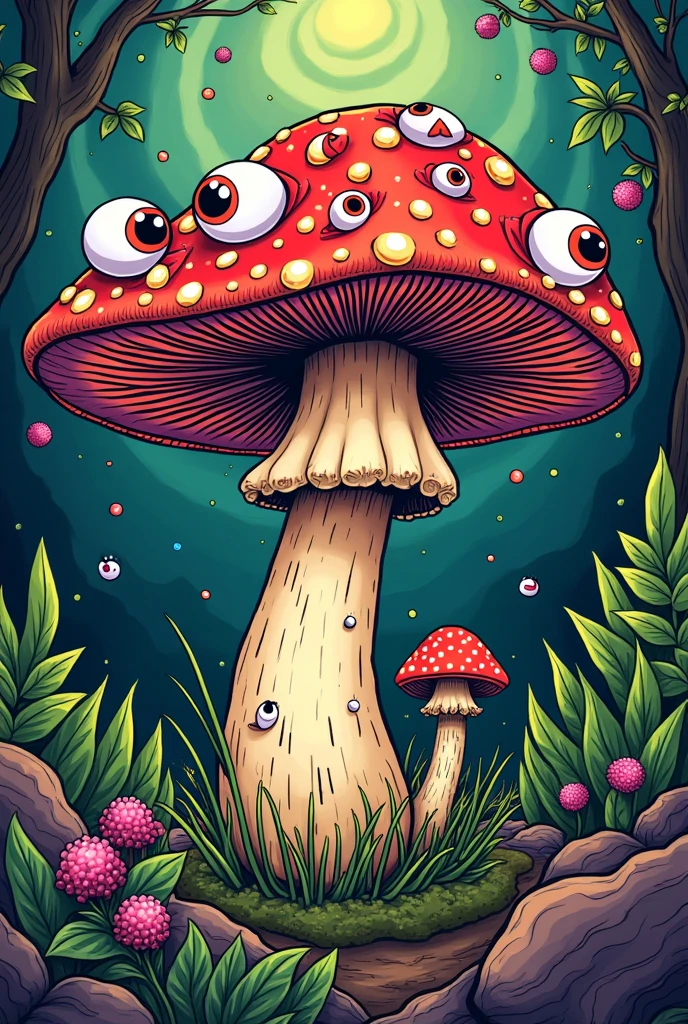 drawing of mushroom with many eyes tattoo style