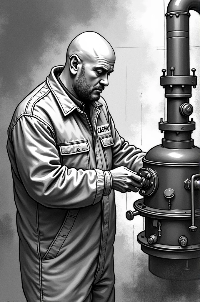 "Create a drawing illustration of a bald man working as a stoker in a steam engine room. He is wearing a jumpsuit with the word &#39;CASMU&#39; on it.