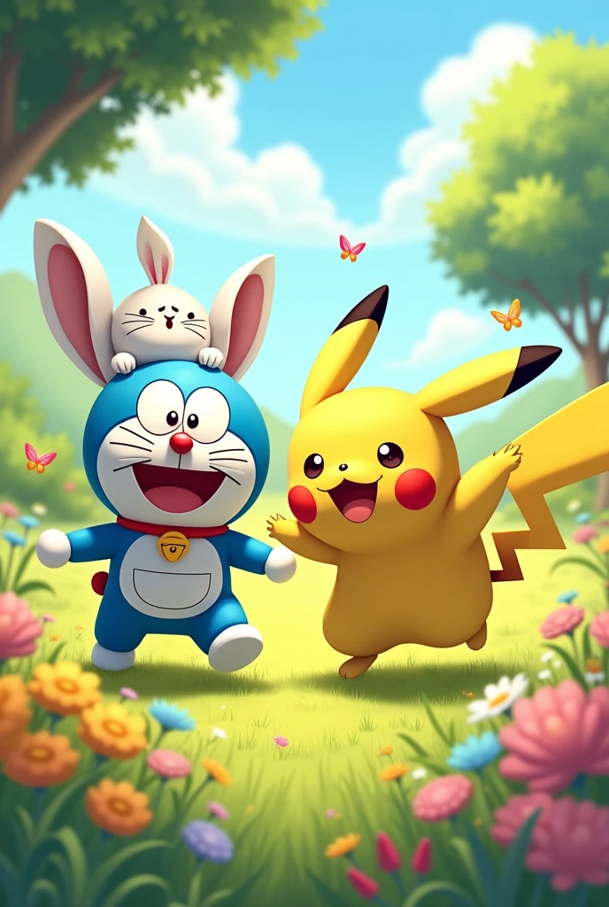 Pikachu left, a Cute Rabbit and Doremon from Doaremon anime. Three of them are Haveing fun together