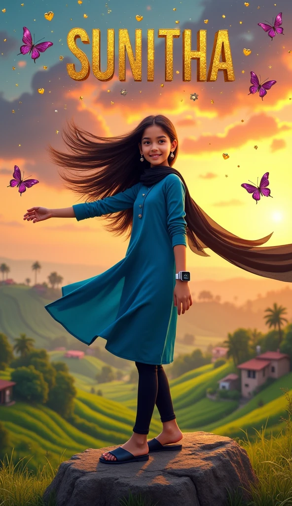 Beautiful cute short girl aged 15, stand on stone in middle of hills, have long hair and wears ear rings and wears smart watch to her left hand and wears blue colour full hands dress and black scarf which is flying due to air and black colour legin pand and wears Black colour chappal and seeing right side and sky in sunset mood, in background village and trees and green crops and House written SUNITHA name on the sky at her background with 3D metallic golden glitter with metallic silver heart, metallic purple butterfly, metallic green peal. Everything in front 3D rendering, typography, 3d render, poster, fashion