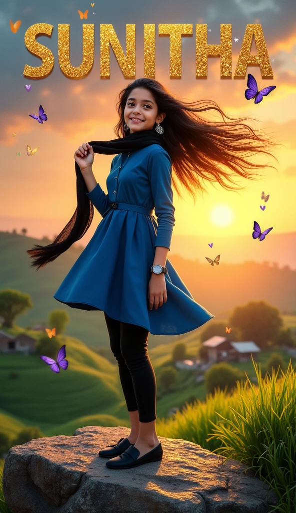 Beautiful cute short girl aged 18 , stand on stone in middle of hills, have long hair and wears ear rings and wears metallic smart watch to her left hand and wears blue colour full hands dress and black scarf  which is flying due to air and  black colour legin pand and wears Black colour chappal and seeing left side and sky in sunset mood, in background village and trees and green crops and House written SUNITHA name on the sky at her background with 3D metallic golden glitter with metallic silver heart, metallic purple butterfly, metallic green peal. Everything in front 3D rendering, typography, 3d render, poster, fashion