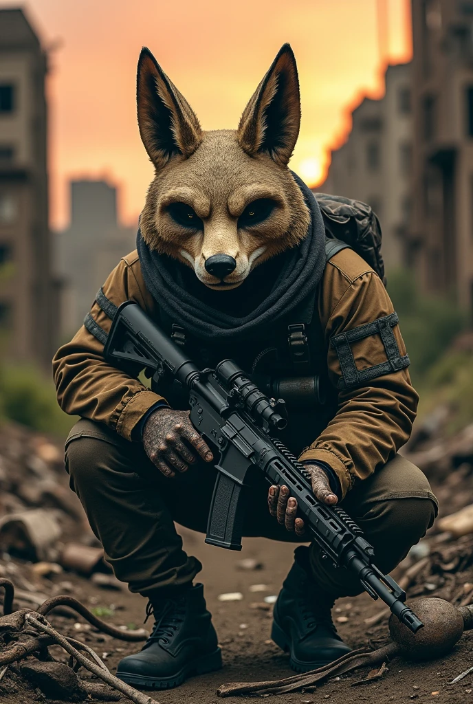 A post-apocalyptic soldier who uses as camouflage half of the mask of the destroyed and shattered animatronic Whiteret Foxy from Five Nights at Freddy's (just the mask)
