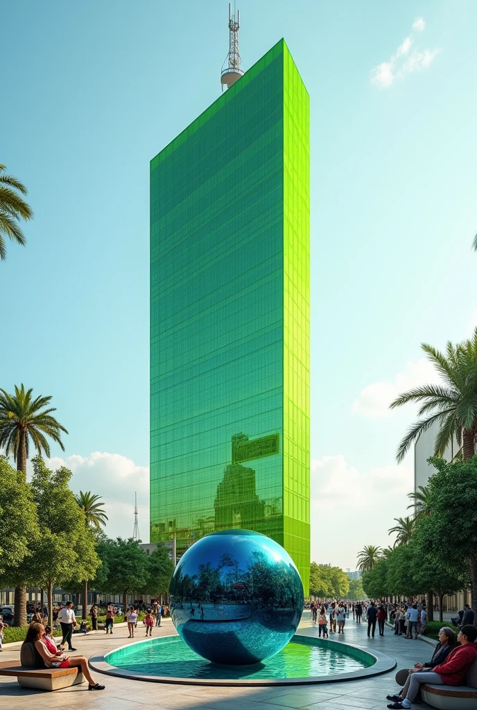 Generate a 105-story building as a vertical rectangle,of lime green and cyan glass with a plaza where there are people on benches and visiting the building and a circular fountain with water and a dark blue and lime green globe and the tower has a lime green and cyan antenna