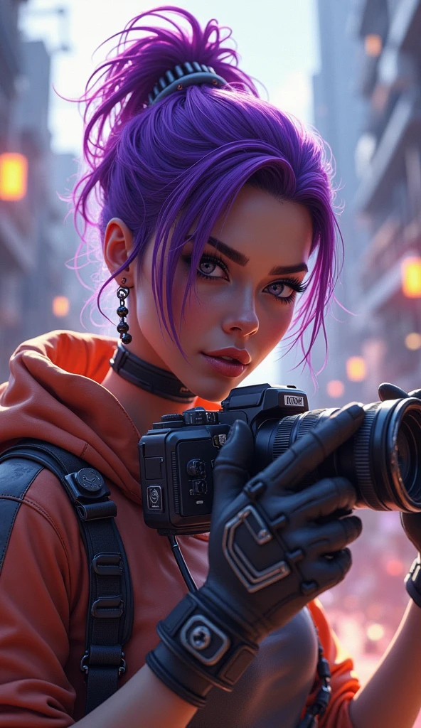 a close-up of a person holding a camera and a cell phone, in the style of apex legends, loba andrade de apex legends, as supervisory character, Apex Legends character, Wraith from Apex Legends, Apex Legends portrait, video game character, as supervisory character, 8k portrait rendering, Titanfall IRL, High quality rendering, lucio as a woman