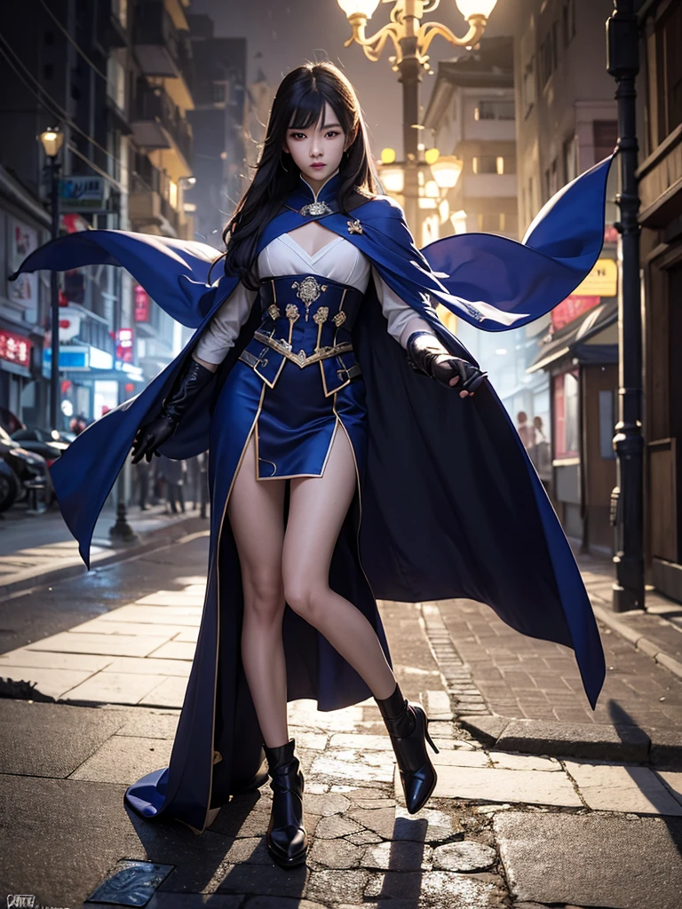 South korea assassin walk women mystery hooded on with modern royal Blue coat with long and wide sleeves with buttons and royal Blue cape and very high white heel over the knee and white gloves, As she reveals a small secret hidden blade coming from his palm , adding to the characters mysterious, with small movements of air on the cape, in summer at night under the rain,medieval south korea house. sophisticated and highly detailed, ultra hd, realistic, hyper detailed, enhanced colours, ultra sharp focus, with vibrant, rich in details High quality, gorgeous, captivating, 8k, super detailed, stunning shadows, detailed lines, blood stain on coat and gloves, corpses in the street recently murdered,1girl,