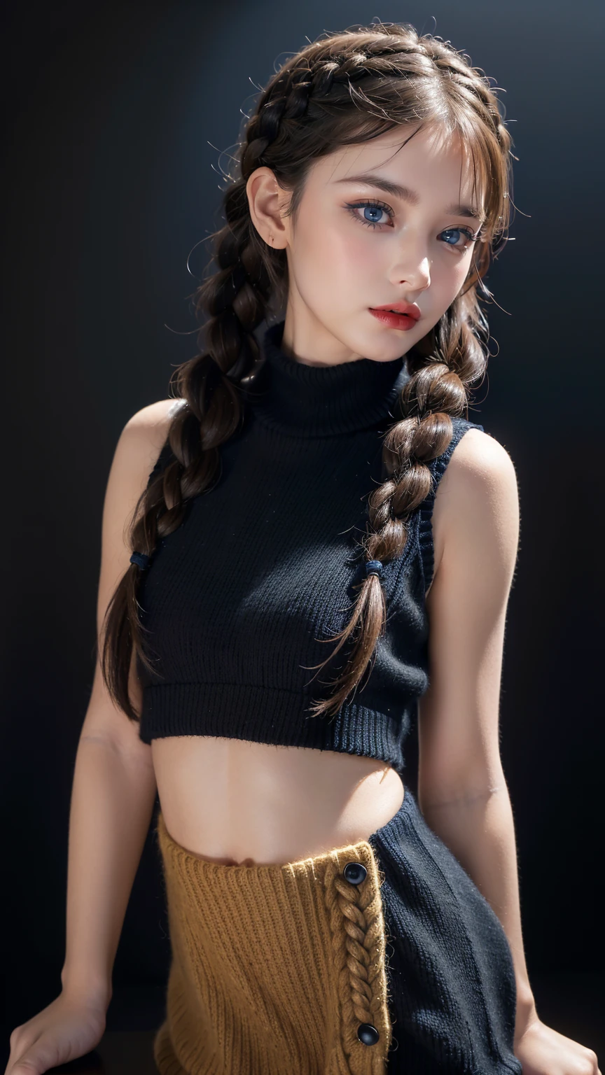 ((best quality)), ((masterpiece)), ((best quality)), ((masterpiece)), ((detailed)), Ridiculous resolution, high resolution, (masterpiece:1.4), Hyper-detailing, a european girl. ((Sleeveless wool black sweater)). Black background. Standing. ((Brown hair)). She has bangs in her hair. Standing. ((Dark blue eyes)). ((Tiny braids)).