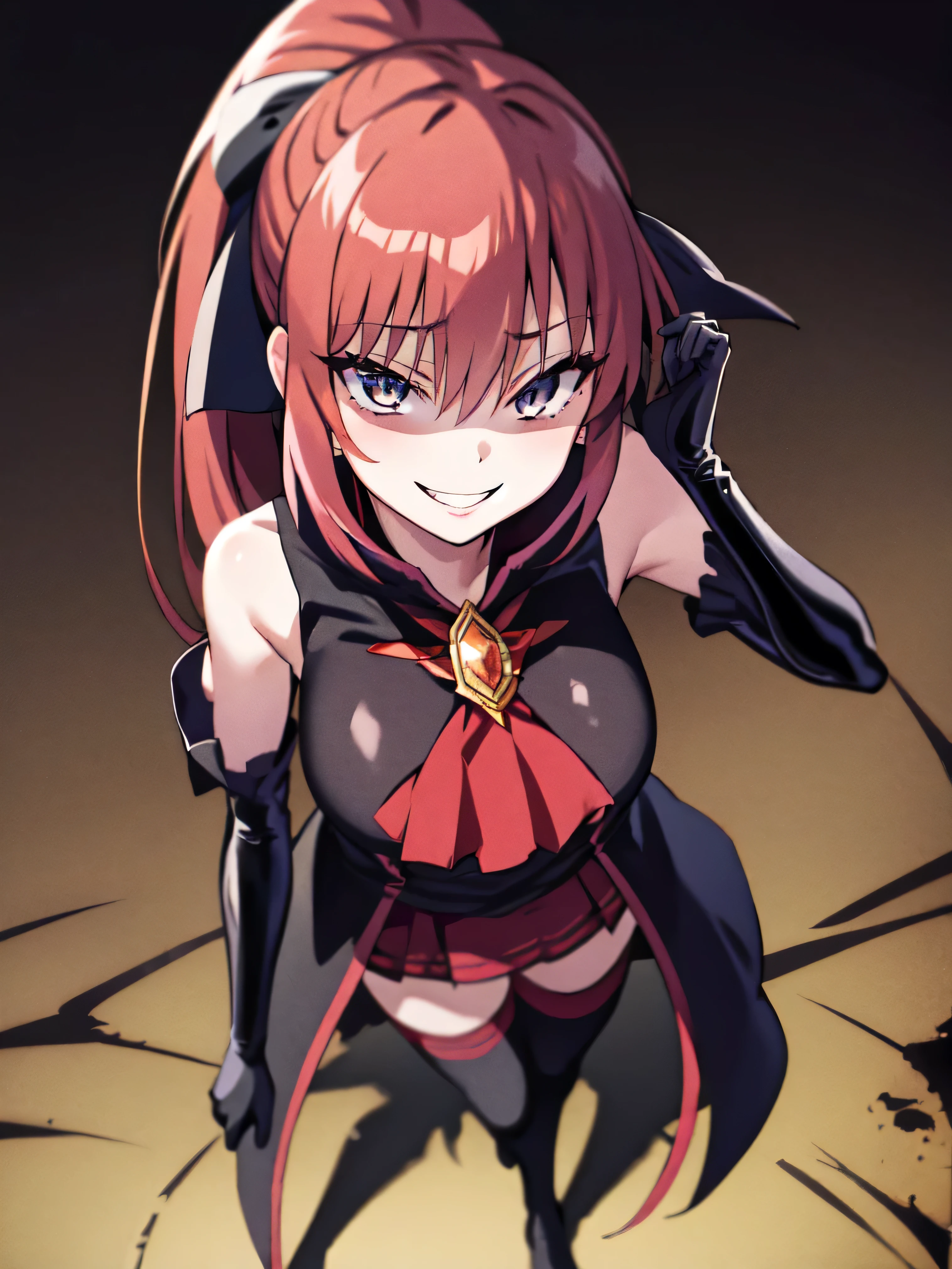 Highest quality, masterpiece, One Girl,Not beautiful, Red Ponytail, Long dress, brooch, Hair Ribbon,  Black knee socks, Standing on the rubble,  (Wicked Smile:1.1), ,,Dark shadowed face,Sadistic smile,Malice,Contempt,smile,latex,Bad face,,Red Skirt,two hands,Two legs,five fingers,evil background,elbow gloves,latex, Wicked Smile, devilish aura (Shiny fabric:1.5),Dark world background,独奏,


