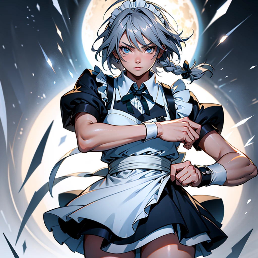 アニメ (8k, masterpiece, Best quality, high resolution), fantasy, Cute face, kawaii, Cute, Very big eyes, Aesthetic anime eyes, small face,
1 girl, only, (Izayoi Sakuya), blue eyes, Maid headdress, braid, gray hair, Maid, twin braiders, Short hair, cuffs, bow, hair bow, short sleeves, ribbon, apron, holding a knife, clock, serious, (light particles), lines of movement, dynamic angle, battle, wind, struggle, (cowboy shot), look at the viewer,