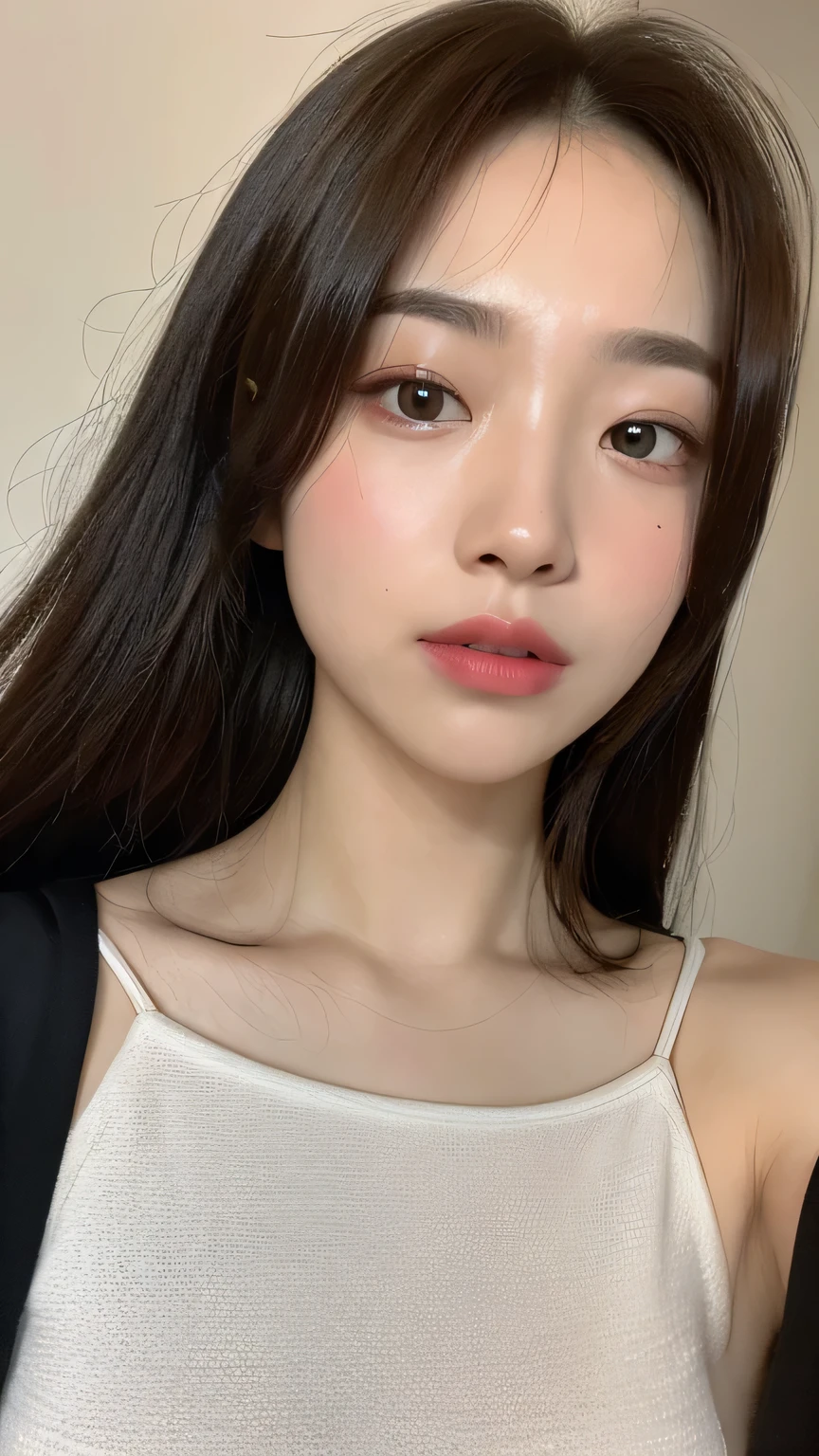 ((best quality, 8k, head of'artwork :1.3)), 1fille, beautiful woman putting on'accent sur les abdominaux minces: 1.3, (Longhaire, tetas grandes: 1.2), Oversized tank top: 1.2, ultra-delicate complexion, delicate eyes, Double eyelids, ssmile, house