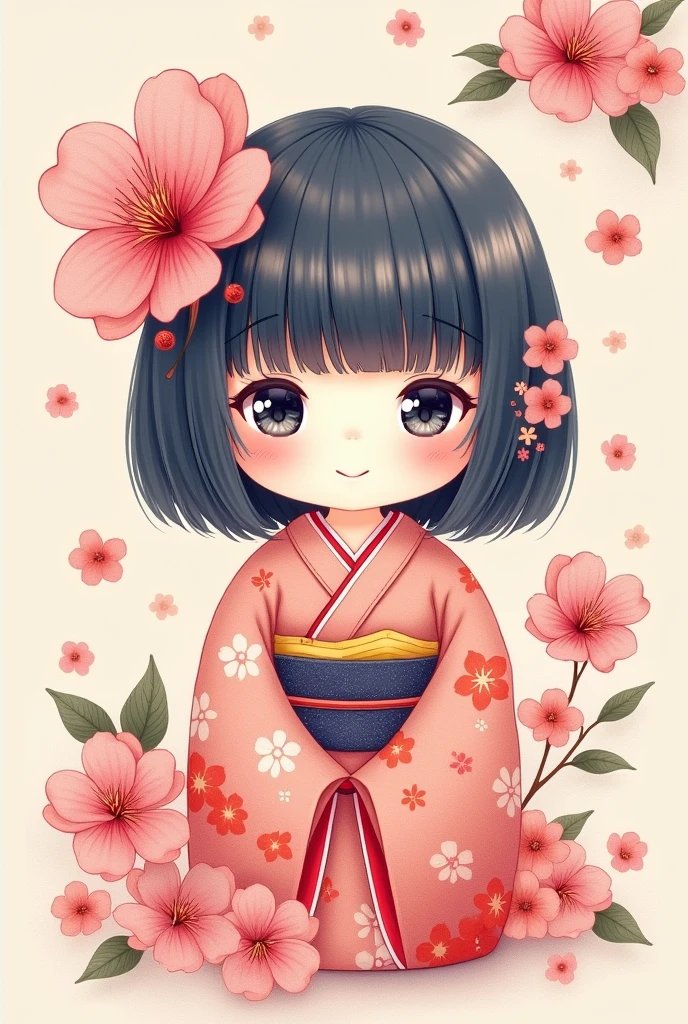 Create a notebook cover with a Japanese theme, containing a kokeshi doll, with anime features . The doll is a maximum of a third of the image and must add bleed behind. Drawing made in watercolor.