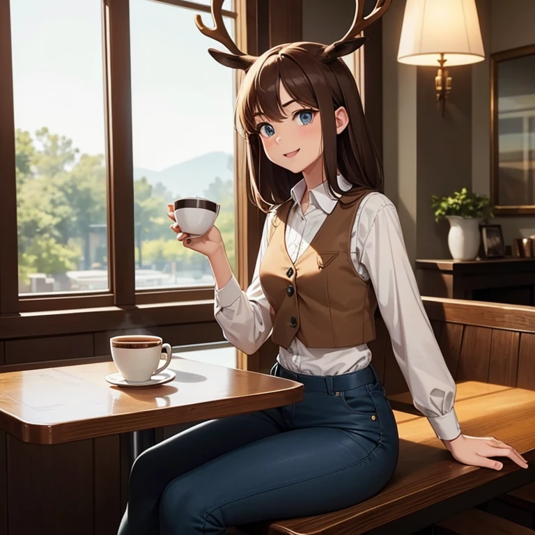 Masterpiece, vest quality, high quality, 1Female anthro deer doe, Solo, Beautiful and detailed portrait, very young, teenage, has small hips and a skinny body, has clear navy blue eyes, has small legs and hips, has small pelvis, Slim waist, has Long Brown hair, wearing cargo pants and a shirt, sitting in a caffe bar, a cup of coffee on the table, cinematic lighting, full body, pretty face, happy expression, sunny day