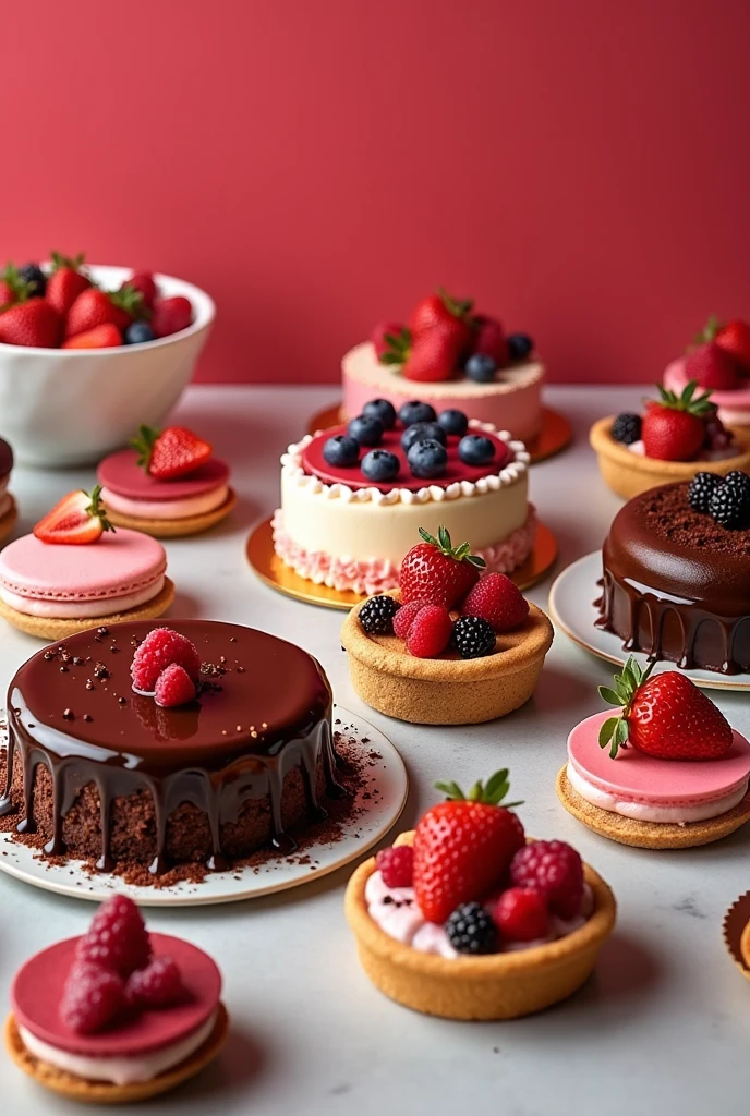 

Generate an image horizontally filled with images of real cakes and snacks with the minimum amount of bright red background.





