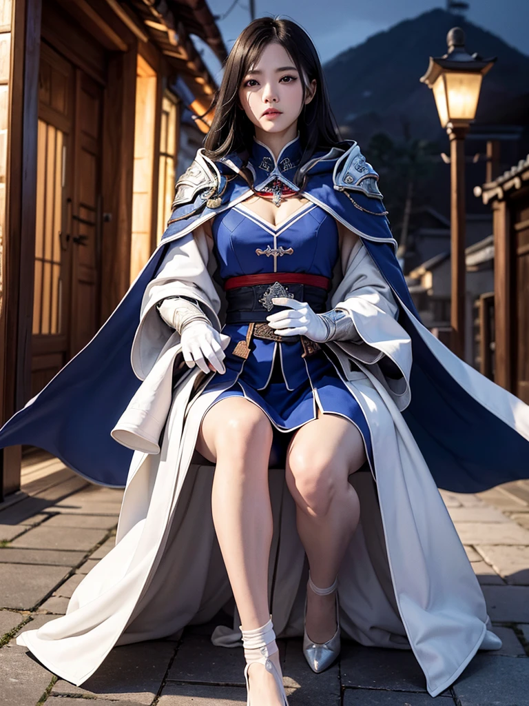 South korea assassin's creed walk women mystery hooded on with modern royal Blue coat with long and wide sleeves with buttons and royal Blue cape and very high white heel over the knee and white gloves, As she reveals a small secret hidden blade coming from his palm , adding to the characters mysterious, with small movements of air on the cape, in summer at night under the rain,medieval south korea house. sophisticated and highly detailed, ultra hd, realistic, hyper detailed, enhanced colours, ultra sharp focus, with vibrant, rich in details High quality, gorgeous, captivating, 8k, super detailed, stunning shadows, detailed lines, blood stain on coat and gloves, corpses in the street recently murdered,1girl,