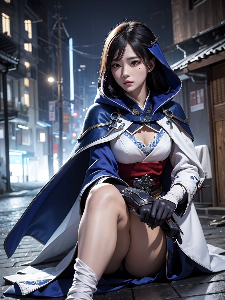 South korea assassin's creed walk women mystery hooded on with modern royal Blue coat with long and wide sleeves with buttons and royal Blue cape and very high white heel over the knee and white gloves, As she reveals a small secret hidden blade coming from his palm , adding to the characters mysterious, with small movements of air on the cape, in summer at night under the rain,medieval south korea house. sophisticated and highly detailed, ultra hd, realistic, hyper detailed, enhanced colours, ultra sharp focus, with vibrant, rich in details High quality, gorgeous, captivating, 8k, super detailed, stunning shadows, detailed lines, blood stain on coat and gloves, corpses in the street recently murdered,1girl,
