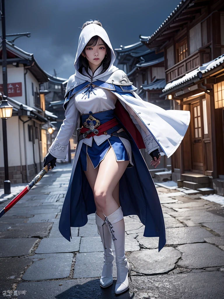 South korea assassin's creed walk women mystery hooded on with modern royal Blue coat with long and wide sleeves with buttons and royal Blue cape and very high white heel over the knee and white gloves, As she reveals a small secret hidden blade coming from his palm , adding to the characters mysterious, with small movements of air on the cape, in summer at night under the rain,medieval south korea house. sophisticated and highly detailed, ultra hd, realistic, hyper detailed, enhanced colours, ultra sharp focus, with vibrant, rich in details High quality, gorgeous, captivating, 8k, super detailed, stunning shadows, detailed lines, blood stain on coat and gloves, corpses in the street recently murdered,1girl,
