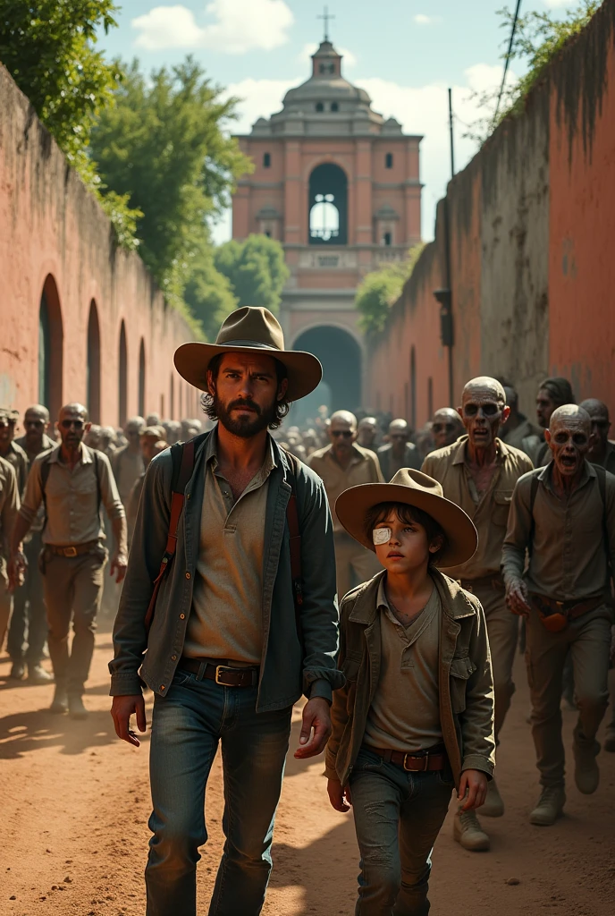 The Walking dead :Rick Grimes (ANDREW LINCOLN) Y CARL GRIMES (14 year old boy, WITH A BANDAGE ON HIS RIGHT EYE AND A SHERIFF'S HAT ) IN A HORDE OF ZOMBIES, ALL THIS HAPPENING IN CUZCO