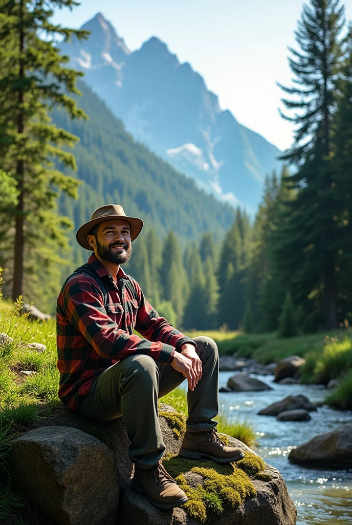 **Prompt**: "Design a high-resolution, circular YouTube channel display picture for a nature-focused channel featuring a man. The background should be rich and immersive, showcasing elements of nature such as a dense forest, mountains, or a scenic river. In the center, depict a man with a calm and content expression, possibly wearing outdoor gear, standing or sitting in a natural setting. The overall vibe should be adventurous and grounded, with earthy tones and natural light that convey a deep connection with the outdoors. Ensure the design is clean, easily recognizable, and reflects themes of nature exploration, serenity, and ruggedness."