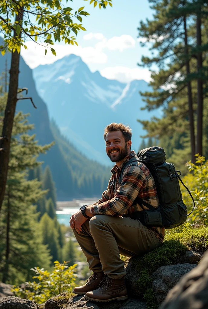 **Prompt**: "Design a high-resolution, circular YouTube channel display picture for a nature-focused channel featuring a man. The background should be rich and immersive, showcasing elements of nature such as a dense forest, mountains, or a scenic river. In the center, depict a man with a calm and content expression, possibly wearing outdoor gear, standing or sitting in a natural setting. The overall vibe should be adventurous and grounded, with earthy tones and natural light that convey a deep connection with the outdoors. Ensure the design is clean, easily recognizable, and reflects themes of nature exploration, serenity, and ruggedness."