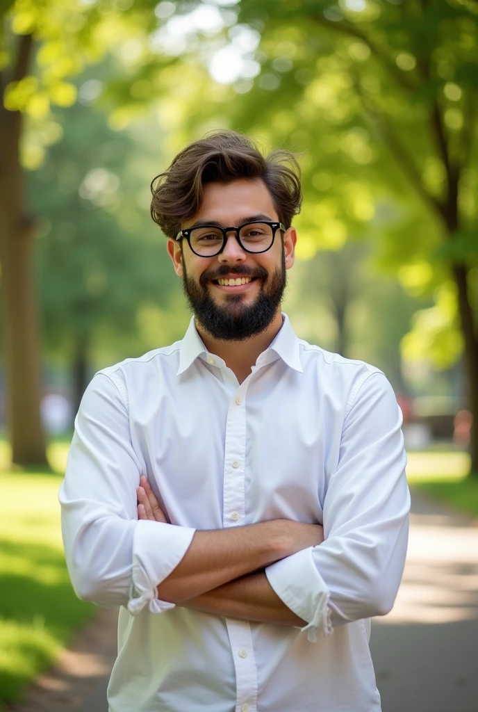 boy with a white shirt, glasses, large pectorals and beard