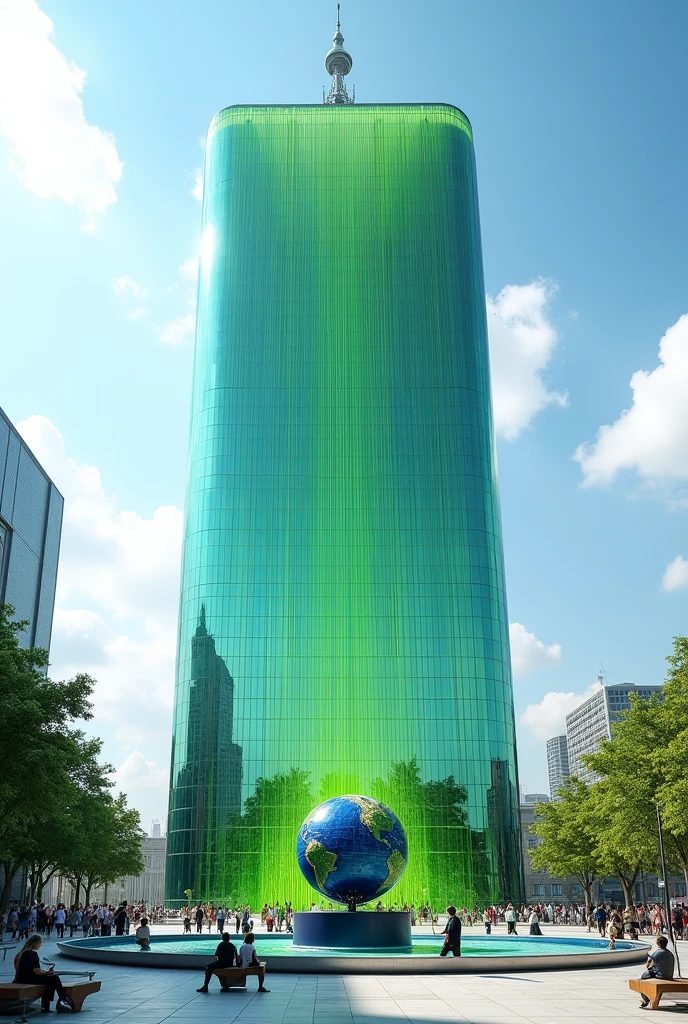 Generate a 105-story building as a vertical rectangle,made of lime green and cyan glass with a plaza where there are people on benches and visiting the building and a circular fountain that protrudes 40cm with water and a globe with a dark blue and lime green stand and the tower has a lime green and cyan antenna