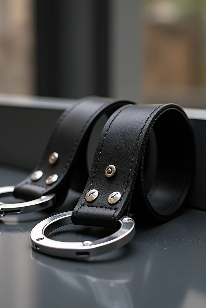 Modern medium-sized black leather handcuffs
