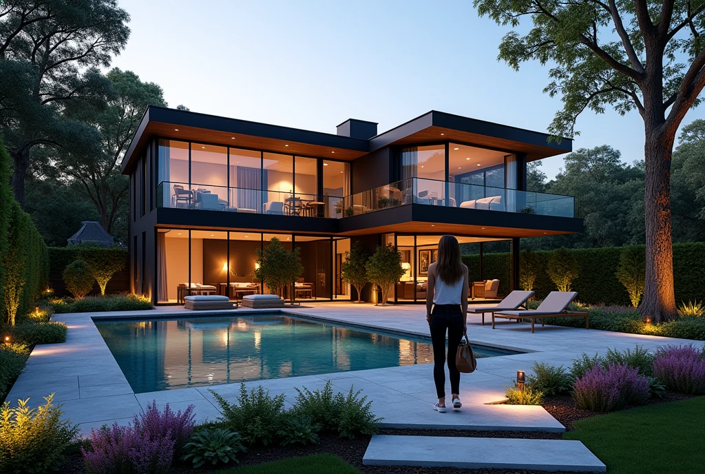 modern house, Linda, with pool, at dusk, trees and flowering gardens