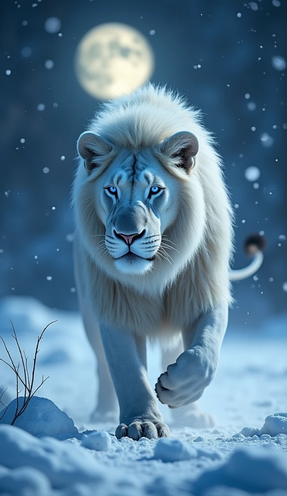 Generates a super mega ultra realistic 8k 3d image , of a strong and focused robust albino lion with blue eyes in the snows at night