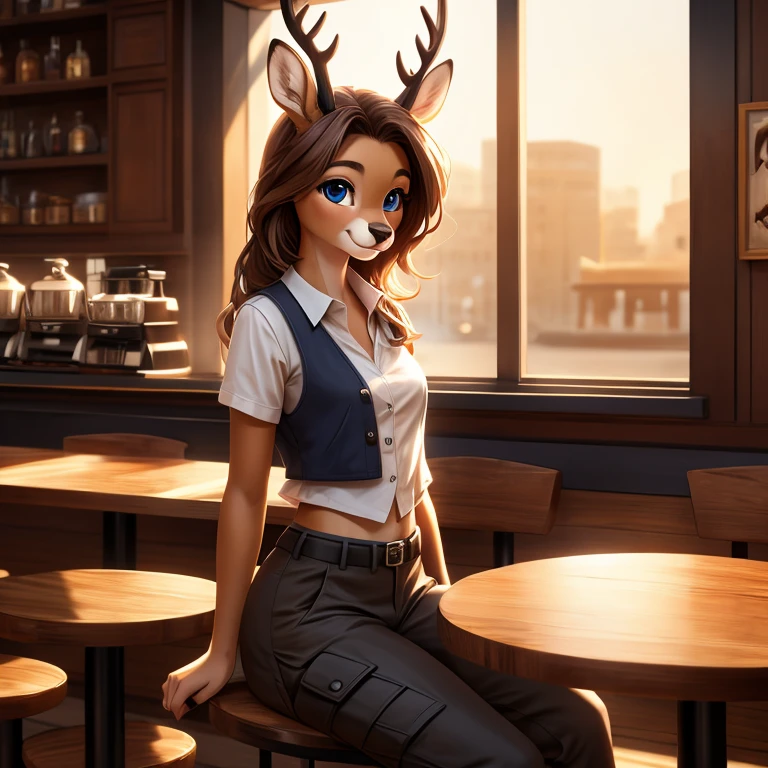 Masterpiece, vest quality, high quality, 1Female anthro deer doe, Solo, Beautiful and detailed portrait, very young, teenage, has small hips and a skinny body, has clear navy blue eyes, has small legs and hips, has small pelvis, Slim waist, has Long Brown hair, wearing cargo pants and a shirt, sitting in a caffe bar, a cup of coffee on the table, cinematic lighting, full body, pretty face, happy expression, sunny day