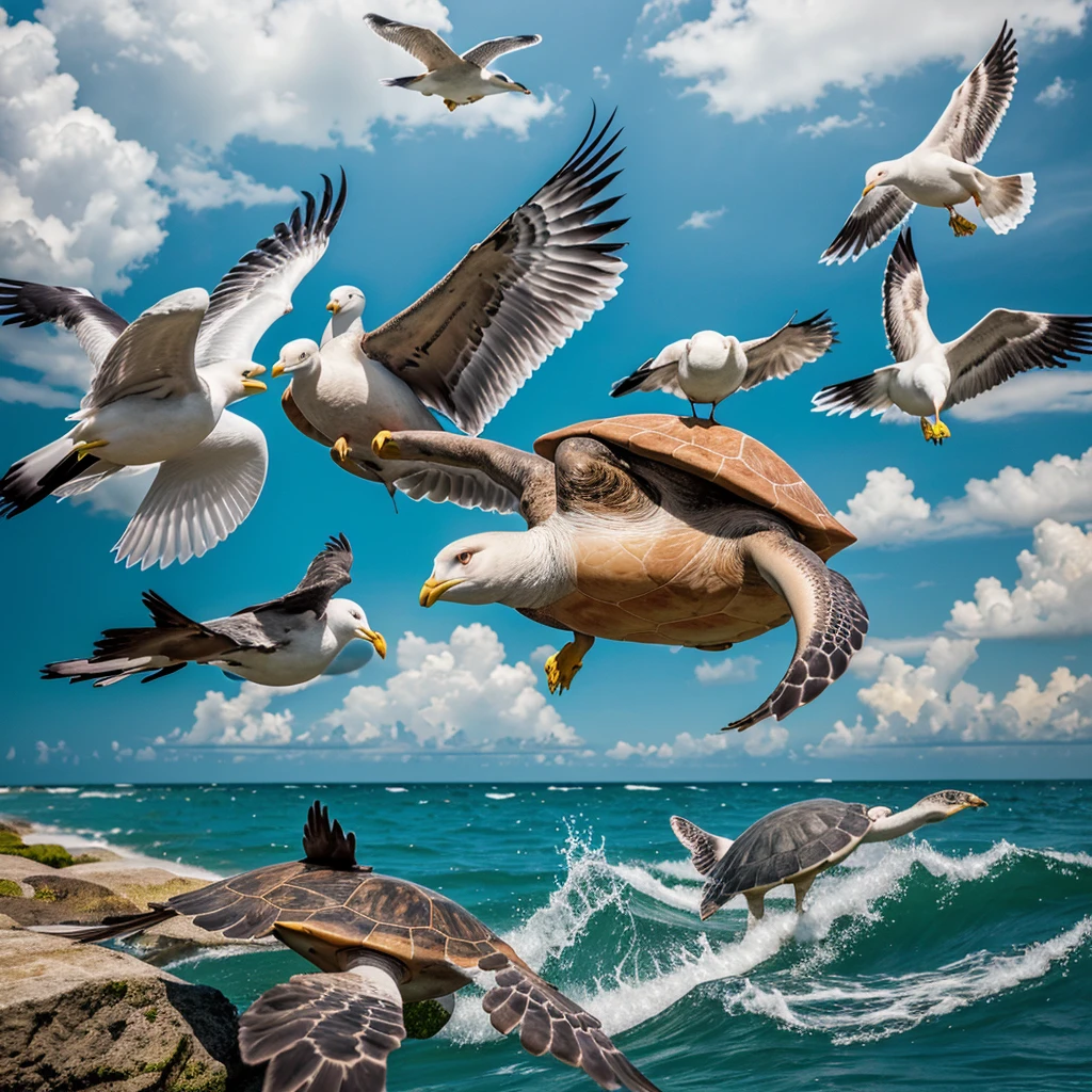 Unique composition that mixes four different types of animals in one with Pig leg, seagull head, Colobus mouth, Sea Turtle Members. Animals must be integrated to create a single figure that is visually appealing and suitable for printing on t-shirts. The image must be of high quality, transparent background for overlaying different fabric colors, and can include a subtle frame of wind and water around the composition or random frames that complement the theme. Use vibrant, contrasting colors, and include stylized elements that highlight the animals’ characteristics.
