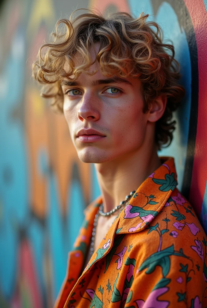 make an photography of a pretty white boy around 19 or 20 years old with dark blonde curly hair, pretty grey indigo eyes, roman face, body typically greek like Renaissance statues and dressing a 80s cult outfit.