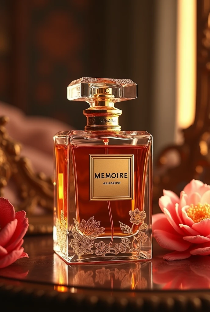 I have a product in the form of perfume under the Memoire brand, but I am having difficulty creating the design. Help me design this product in the form of a square bottle with an elegant and luxurious appearance that can impress other people