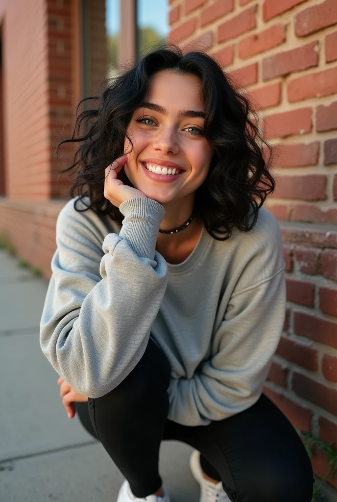 19-year-old age girl smiling beautifully, slightly curly black hair, blue colored eyes, big natural breasts, squatting against a brick wall in the city, wearing a sweatshirt and leggings, very innocent look, full body view, various poses, distance to the viewer, (looking at the camera), ((warm lighting)), hd video, 2K resolution, very beautiful hourglass body shape