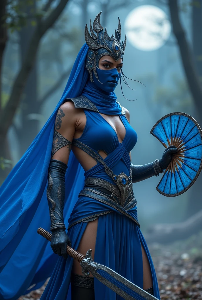 KITANA IS A NINJA WHO WEARS THE COLOR BLUE, SHE HAS A MASK THAT COVERS HER MOUTH, SHE HAS IRON PAULDRONS, HER WEAPONS ARE FANS she wears blue makeup, she wears a silver and blue crown, She has a blue cover