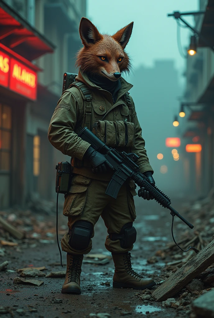 A post-apocalyptic soldier who uses parts of the destroyed and broken animatronic Withered Foxy from Five Nights at Freddy's 2 as camouflage. (just the mask)