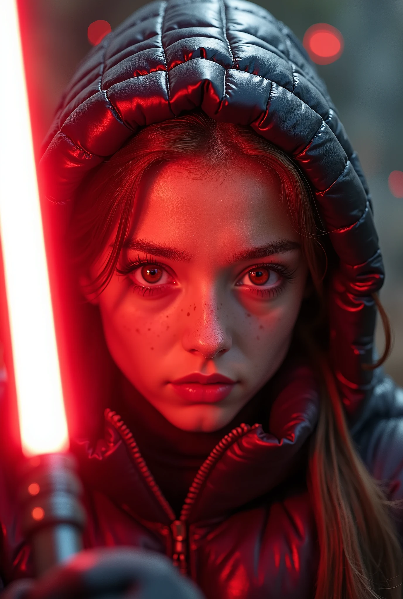  a slim ponytail  red-eyed sith wielding her bright lightsaber fighting with her slim lightsaber-wielding jedi nemesis,beautiful detailed eyes,beautiful freckles,beautiful detailed lips,extremely detailed eyes and face,longeyelashes, wearing beautiful detailed skintight airtight covering-head hooded formfitting duvetica overfilled shiny super gleamy  thick glossy puffervest covering over her  padded high-collared pufferjacket, glossy latex  leggings,symmetrical,masterpiece,cinematic,lifelike,hyperrealistic,8k,photorealistic,highly detailed,intricate,exquisite,elegant,beautiful,stunning