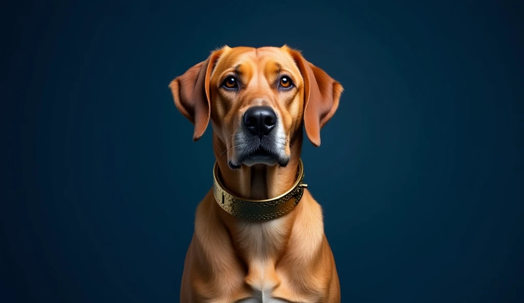 photo, front view, full body, a pastor swiss dog with a gold collar,  solid deep marine blue background, high detail, Hasselblad X1D II, Canon EOS.