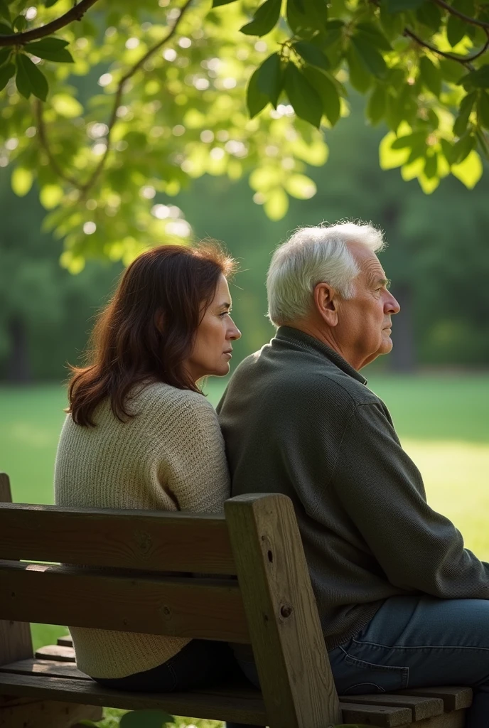 Couple of 48 years old, with brown hair, side by side and they are not smiling