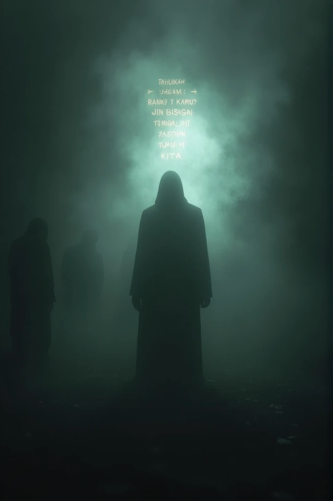 A dark, eerie scene with dim lighting. The silhouette of a person is barely visible in the center, surrounded by an ominous, swirling mist. In the background, faint shapes and shadows suggest an unseen presence. The atmosphere is heavy, with a sense of impending doom. Overlaid text reads: 'Tahukah kamu? Jin bisa tinggal di 7 bagian tubuh kita.' The text is glowing faintly, adding to the mysterious and foreboding mood