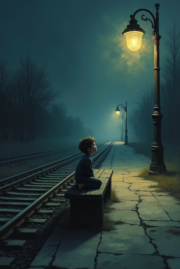 A boy sits alone at the station for the last night train, eerie silence all around.impressionism