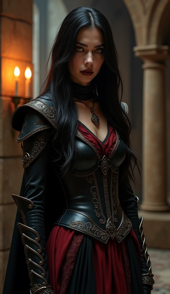 A close-up of a female vampire with bright yellow eyes, medium breasts and disguised standing in a room, dragon born woman, female assassin, Dwarf Noblewoman, Since Skyrim, eso armor, flowing tunics and leather armor, Cattie - Brie de Mithril Hall, Skyrim Armor, female character, Black and reddish armor, mother of witches, itself, female main character, Dark leather armor