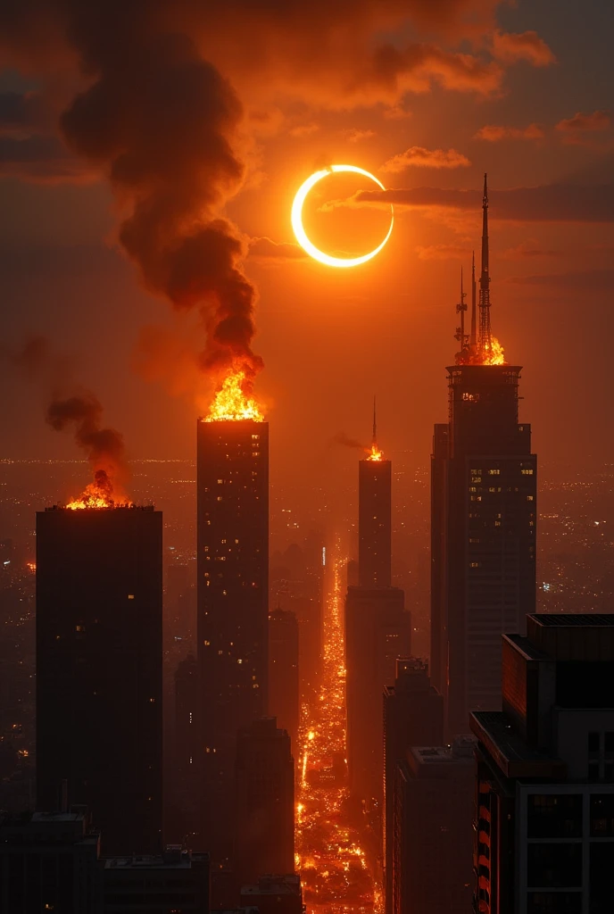 Create a city burning at night  , with an eclipse in the background 