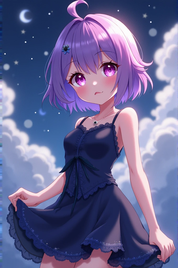 short purple hair,lightcolor, big pink eye anime character,short black dress with navy blue