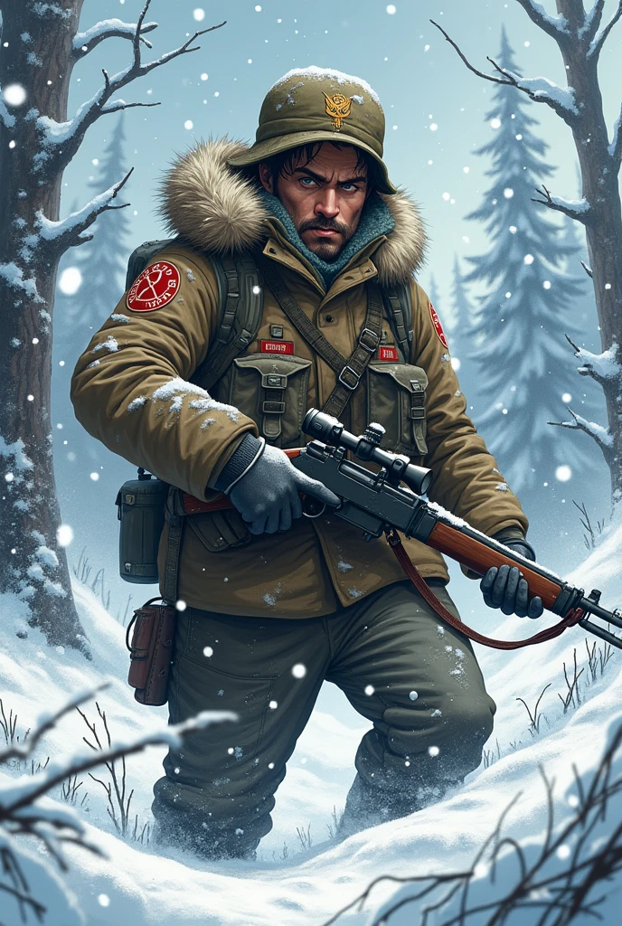 A guerrilla fighter from the USSR, in the battle, na neve, anime style