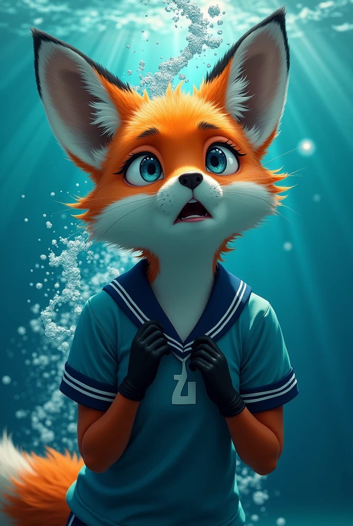 1 anthropomorphic female fox in a short-sleeve school sports uniform, drowning underwater, without breath, looking up with a worried and drowning expression on her face, grabbing her chest with her hands, side face, beautiful realistic and expressive eyes, beautiful detailed face, drowning pose, detailed and realistic hands, (best quality,4k,8k,highres,masterpiece:1.2),ultra-detailed,(realistic,photorealistic,photo-realistic:1.37),highly detailed, cinematic lighting, dramatic, emotional, underwater scene, underwater peril, underwater struggling, realistic water effects, water, bubbles, detailed facial features.