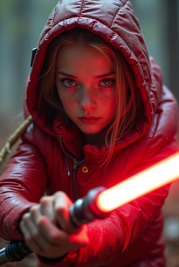 RUSSIAN CHILD GIRL WITH 10 YEARS OLD WITH LONG STRAIGHT BLONDE HAIR, CLOSEUP PORTRAIT STYLE, standing in a tunnel with a red lightsaber, 4K lightsaber wallpaper, digital art