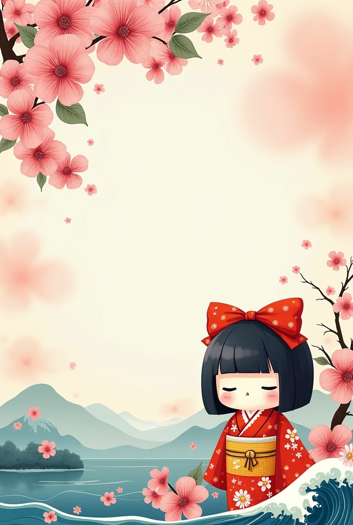 Create a notebook cover with a Japanese theme, containing a kokeshi doll, with anime features . The doll should be no more than one-third of the image and should add a bleed border.. Drawing made in watercolor.