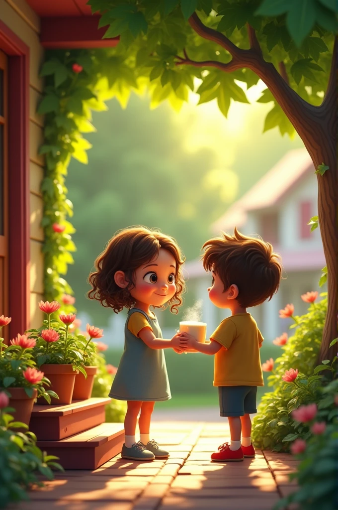 A giving a poor boy a cup of milk on the door of her home, pixar style, cinematic, masterpiece, high-aesthetic, realistic
