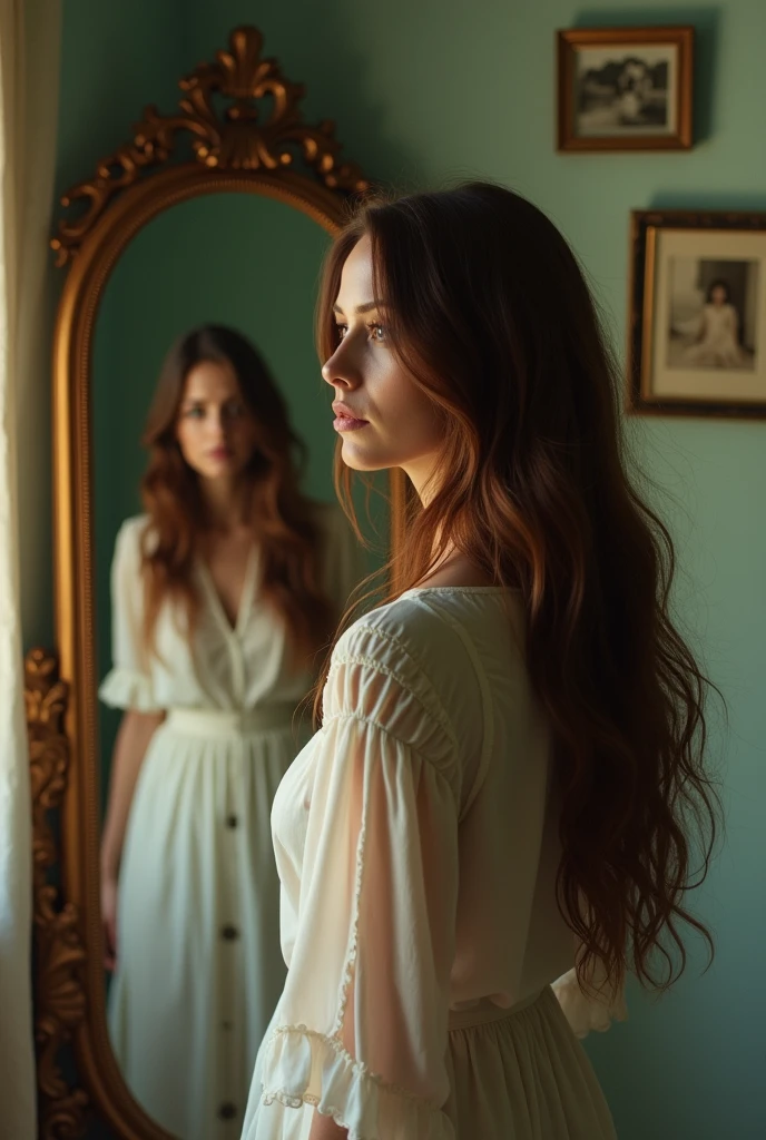 woman looking in the mirror sadly