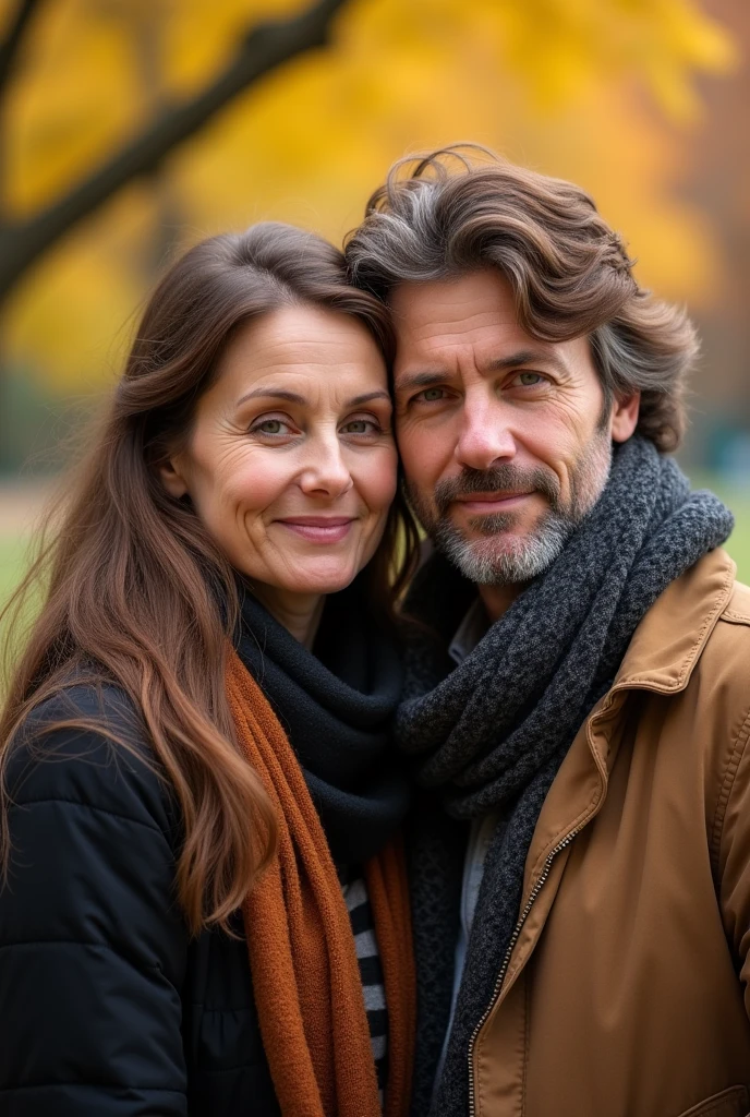 Couple of 48 years old, with brown hair, side by side and they are not smiling