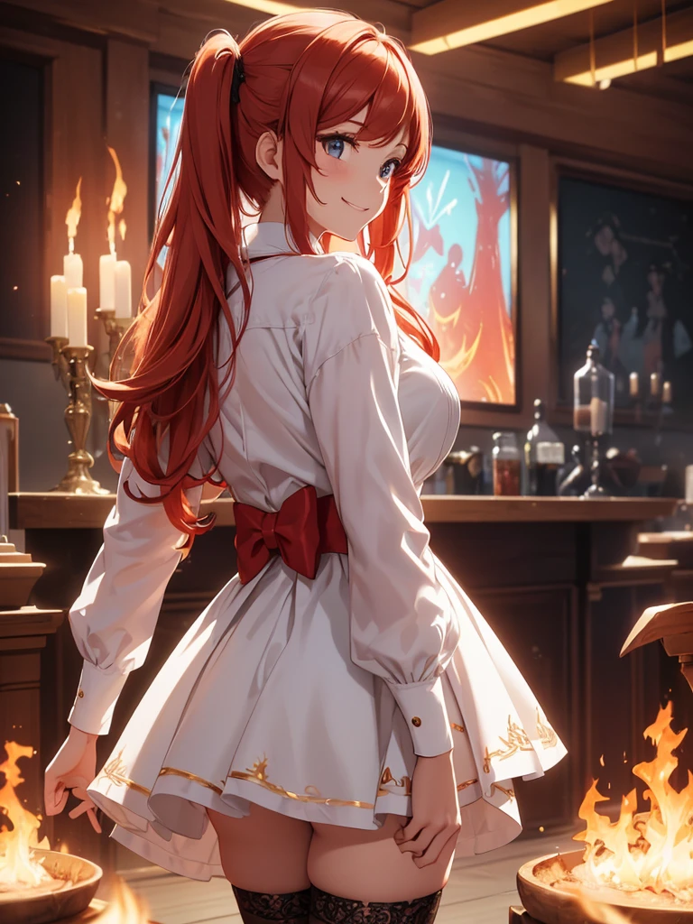 (((best quality, sharp image, clear image, cinematic lighting, 8k resolution, masterpiece, ultra detailed, intricate))) Girl, (((looking over left shoulder))), (shot from behind), ((shot from hip up)), fiery red hair, pigtails, ((white dress)), ((flaming sigils, flaming runes)), spiky rock formations, (flaming lotus flowers frame), (intricate background), ((Phoenix)), (swirling flames), smiling, long sleeves, stockings